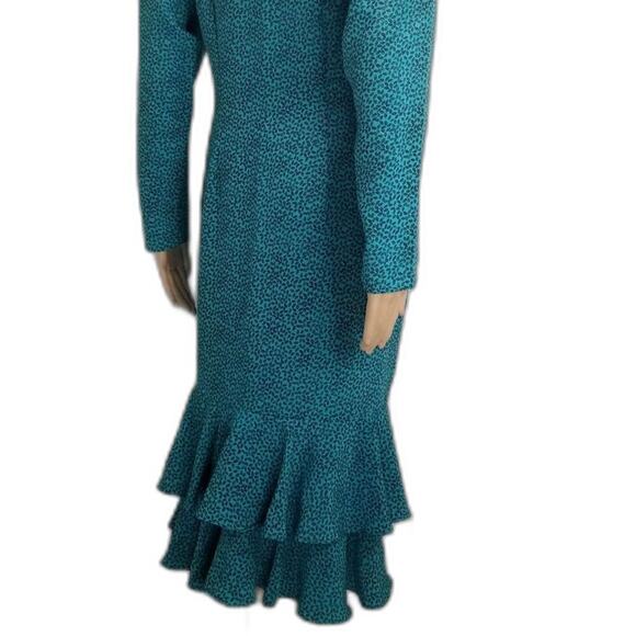 80s Green Micro Feather Long Sleeve Mermaid Wriggle Dress Large Vintage Fashion - Picture 5 of 11
